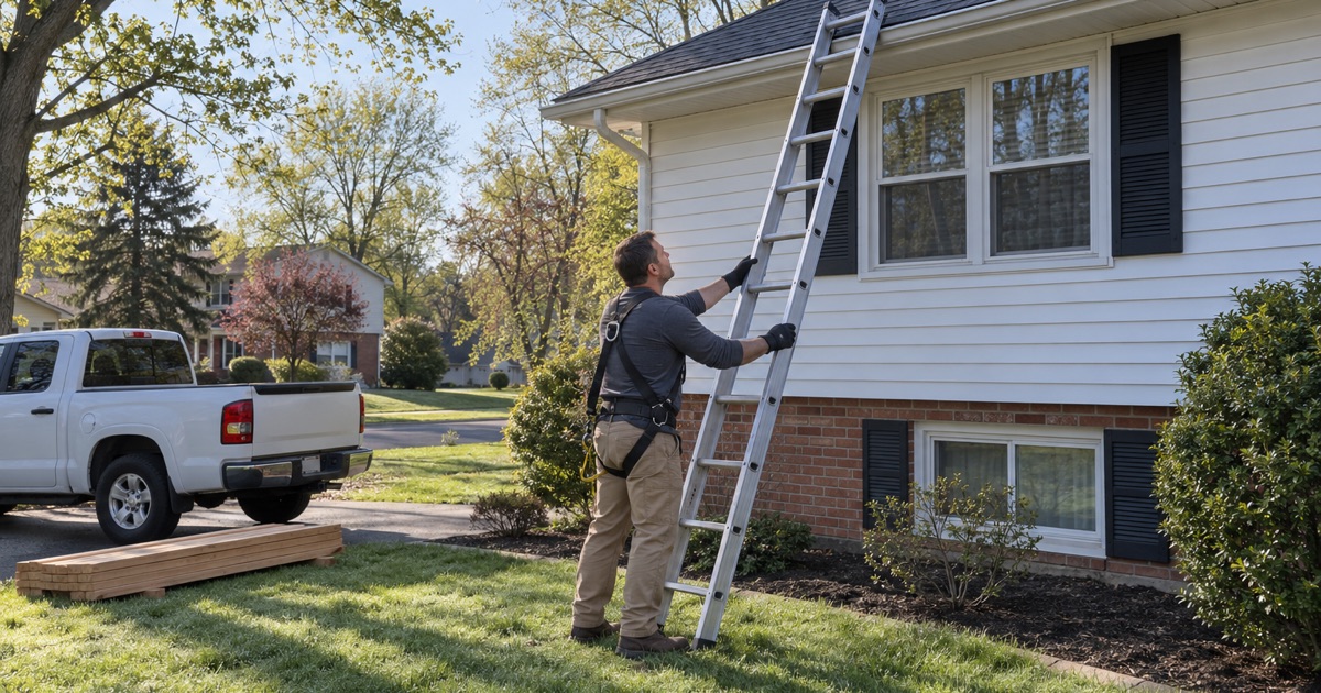 A roofer setting up an extension ladder against the eave of a Piscataway Township house at the start of a job.
