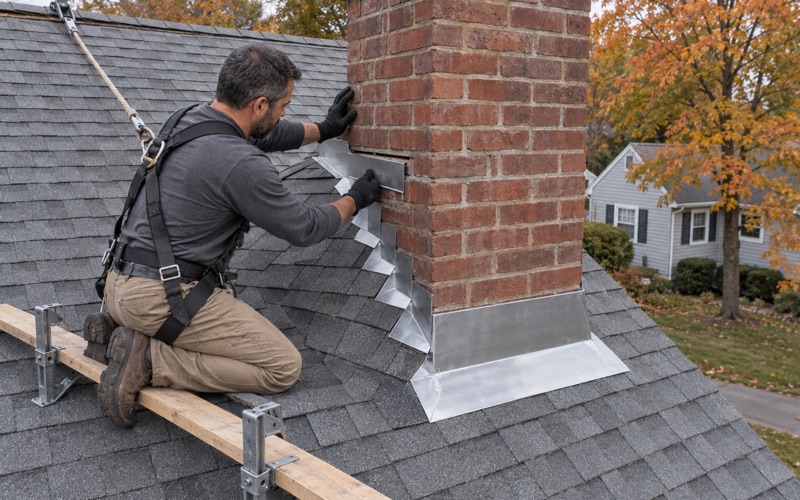 A roofer setting new counter flashing into a mortar joint on a brick chimney of a Piscataway Township cape.