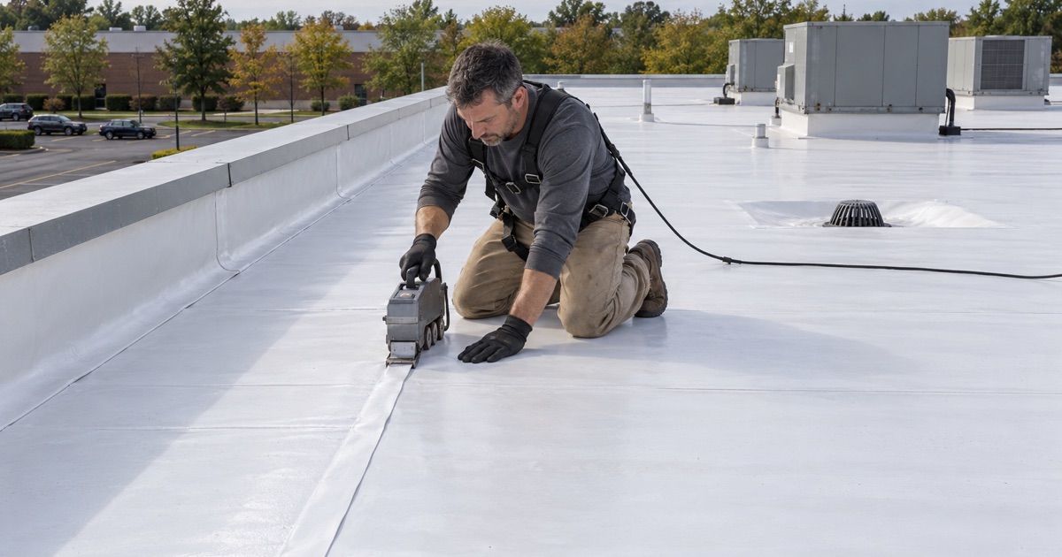 A roofer welding a seam in the white membrane of a flat warehouse roof in Piscataway Township.