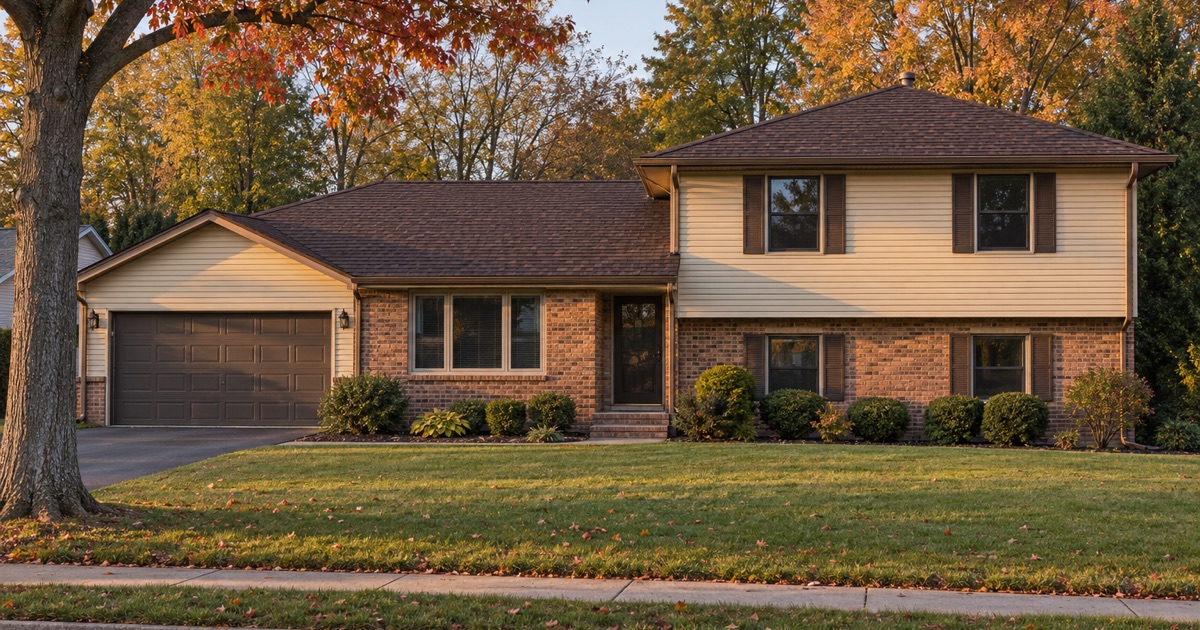 A finished new roof on a Piscataway Township split-level in evening light, gutters and trim complete.