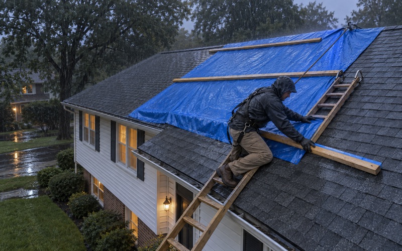 A roofer fastening an emergency tarp over the ridge of a storm-damaged Piscataway Township split-level in the rain.