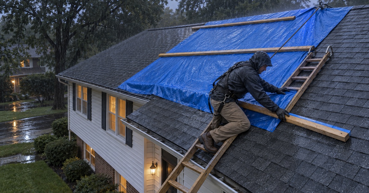 A roofer fastening an emergency tarp over the ridge of a storm-damaged Piscataway Township split-level in the rain.