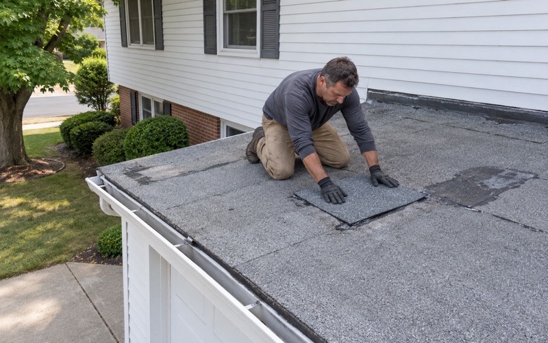 A roofer pressing a modified bitumen patch over a blister on the flat roof of a Piscataway Township garage.