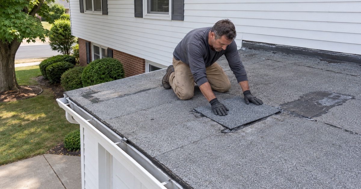 A roofer pressing a modified bitumen patch over a blister on the flat roof of a Piscataway Township garage.
