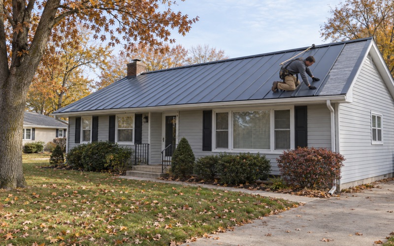 A roofer seating a standing-seam steel panel on the main roof of a Piscataway Township ranch.