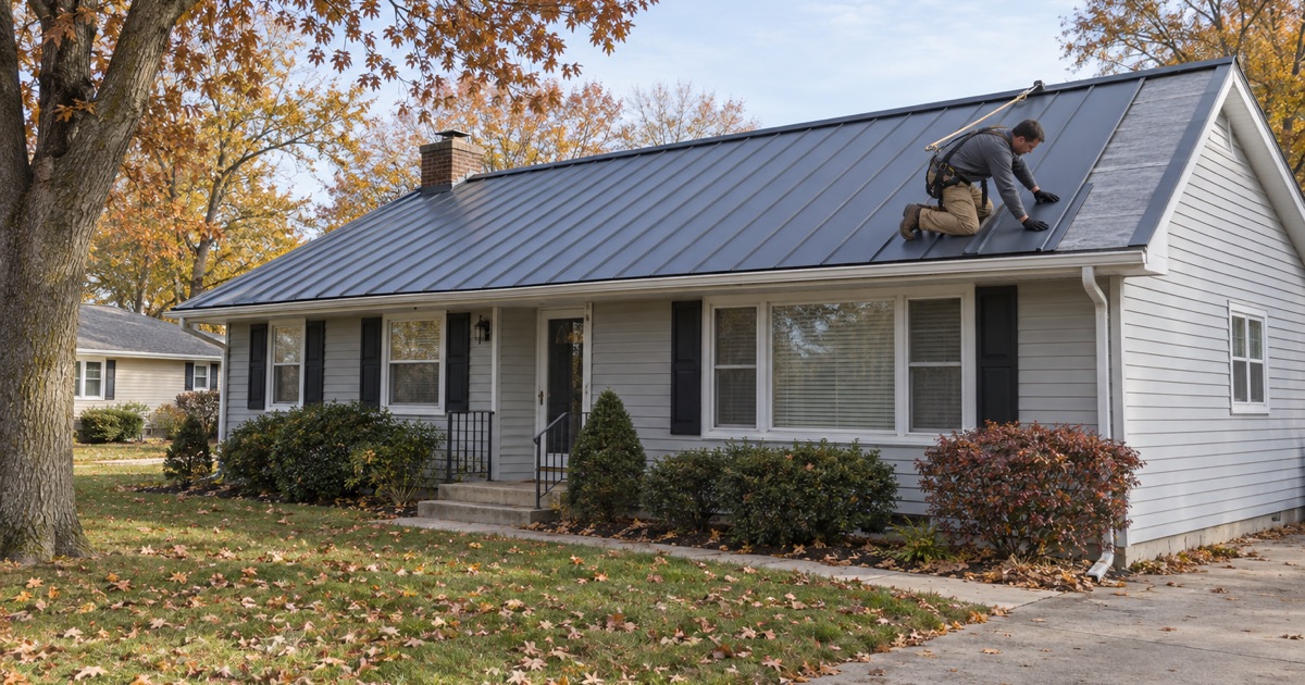 A roofer seating a standing-seam steel panel on the main roof of a Piscataway Township ranch.