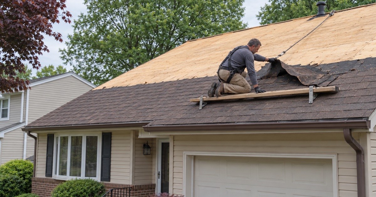 A single old shingle layer coming off a Piscataway Township bi-level during a tear-off, the deck checked as it is exposed.