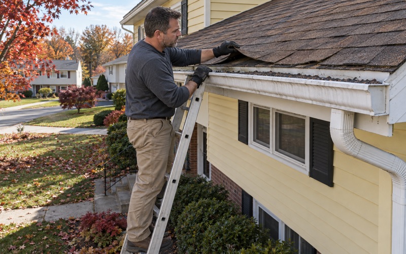 A roofer inspecting worn shingles and loose granules at the eave of a Piscataway Township split-level.