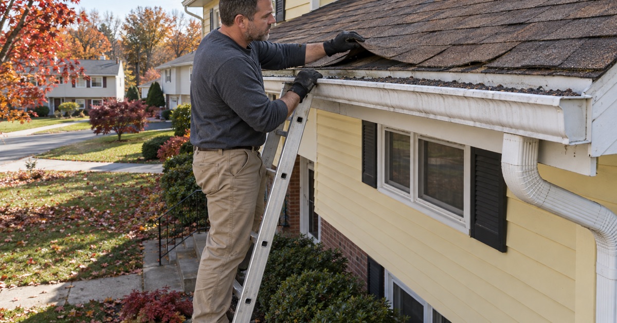 A roofer inspecting worn shingles and loose granules at the eave of a Piscataway Township split-level.