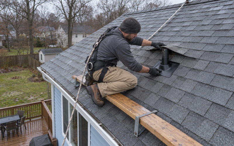A roofer replacing a cracked pipe boot to stop a roof leak on a Piscataway Township bi-level.