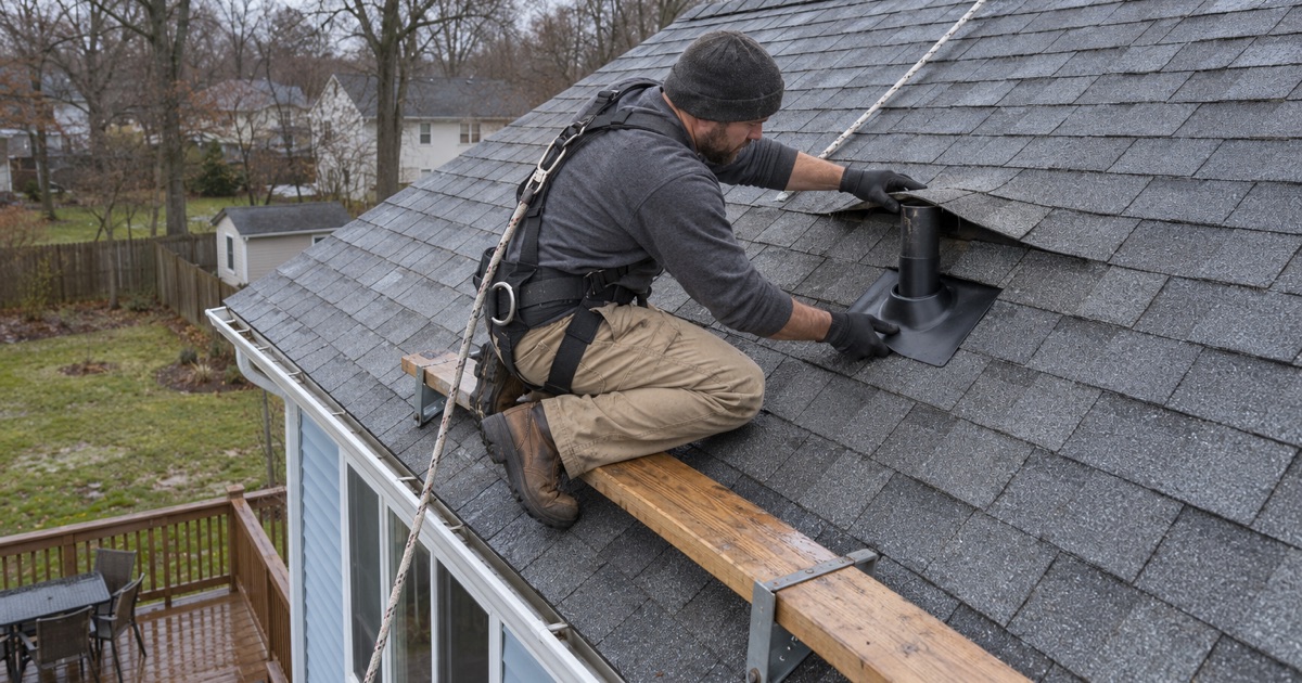 A roofer replacing a cracked pipe boot to stop a roof leak on a Piscataway Township bi-level.