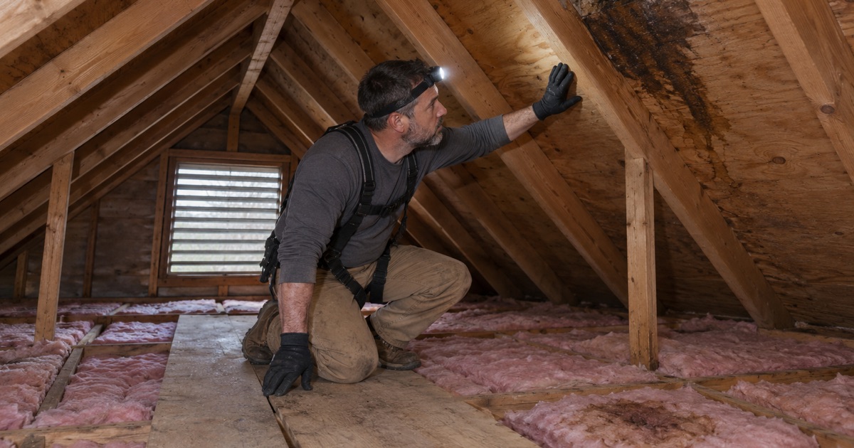 A roofer tracing a roof leak from inside the attic of a Piscataway Township split-level.
