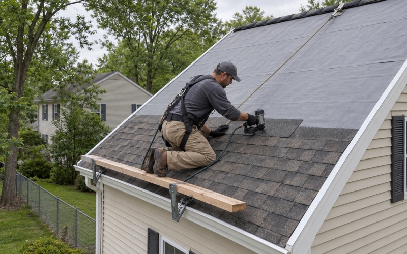 A roofer nailing new architectural shingles during a full roof replacement on a Piscataway Township colonial.