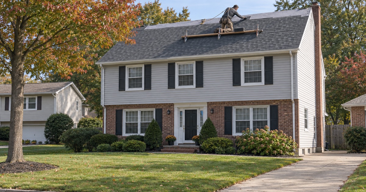 A roofer laying the last shingle course below the ridge of a new roof on a Piscataway Township colonial.