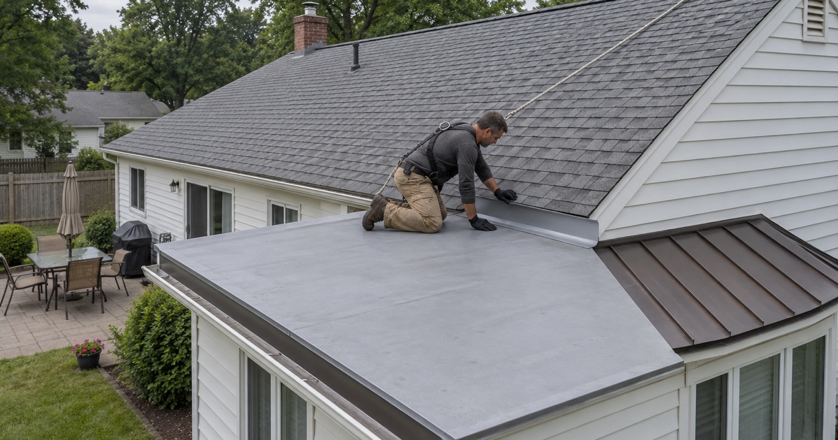 A roofer joining a flat membrane roof to the shingled main roof at the pitch break on a Piscataway Township ranch addition.