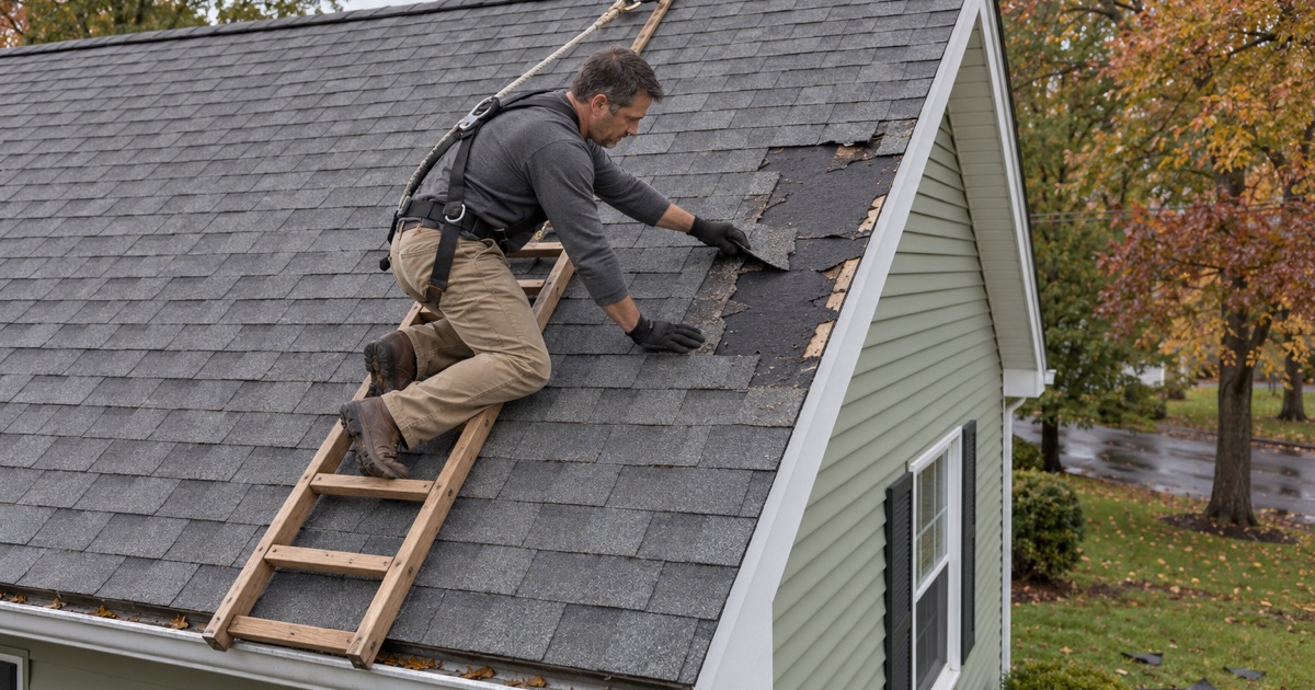A roofer clearing torn shingles where wind stripped a patch off the roof of a Piscataway Township colonial.