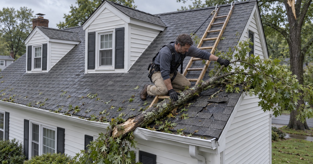 A roofer checking the shingles under a storm-broken oak limb resting on a Piscataway Township cape.